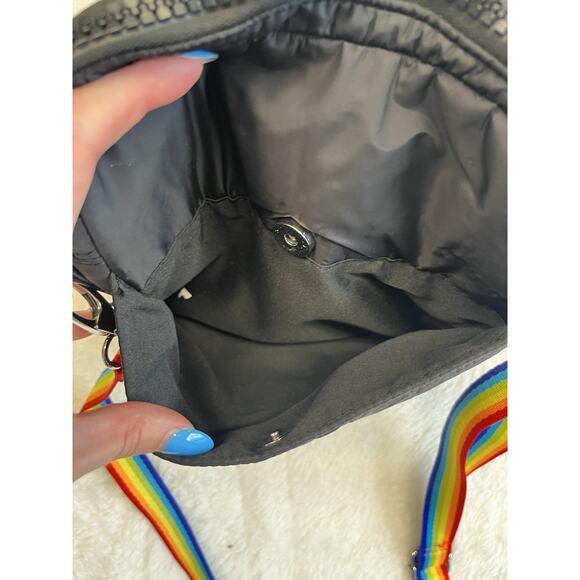 Sondra Roberts Squared Nylon Quilted Black Crossbody Purse Rainbow Strap - Picture 9 of 11